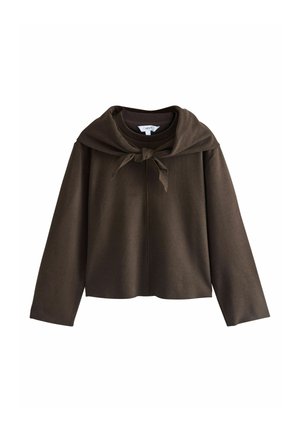 Pruun pika varrukaga ülaosa, millel on lai krae, mis on ees seotud, valmistatud pehmest kangast, valgel taustal eksponeeritud.