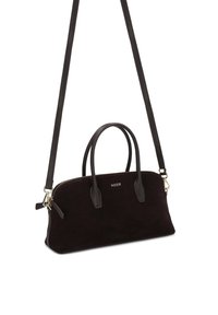 Black suede handbag with leather accents, dual handles, and a detachable shoulder strap. Features a zip closure and subtle logo detail.