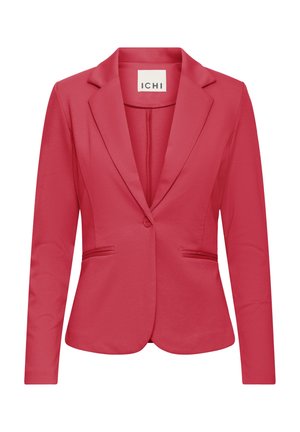Blazer rouge pour femme à bouton unique avec revers à crans et deux poches passepoilées à l'avant, fabriqué par la marque ICHI.