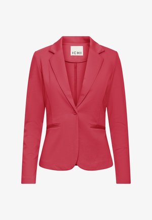 Blazer rouge pour femme à bouton unique avec revers à crans et deux poches passepoilées à l'avant, fabriqué par la marque ICHI.