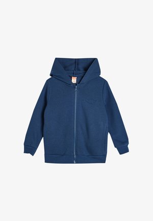 Sweat à capuche zippé bleu marine en mélange de coton. Présente une capuche, des poches latérales et des poignets côtelés. Détail de logo discret sur la poitrine.