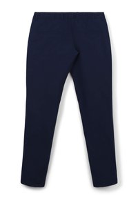 Pantaloni blu navy con vestibilità affusolata, cintura elastica, tasche laterali e posteriori, texture liscia, senza motivi visibili.