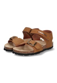 Braune Sandalen mit verstellbaren Riemen, einer Schnallenakzent, Korkfußbett und einer strukturierten schwarzen Gummisohle für Grip und Langlebigkeit.