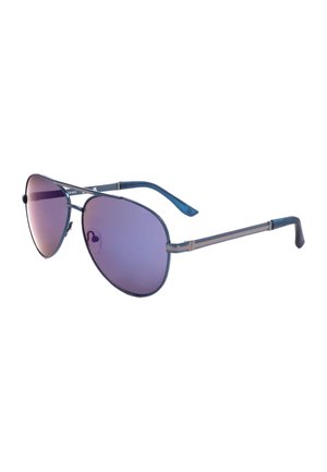 Occhiali da sole aviator con montatura metallica, lenti sfumate blu e aste blu scuro, mostrati con una leggera angolazione su sfondo bianco.
