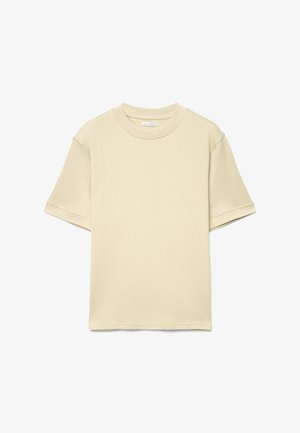 Beiges T-Shirt mit kurzen Ärmeln aus weicher Baumwolle, mit rundem Halsausschnitt und lockerem Schnitt, mit doppelt genähten Säumen für Haltbarkeit.