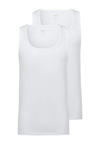 To hvide bomulds tanktoppe med rund halsudskæring, der har en glat overflade og et enkelt, klassisk design.