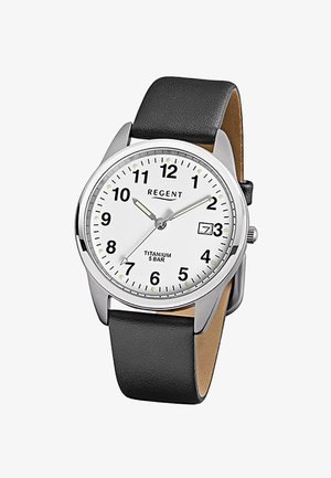 Analog wristwatch with white dial, black numbers, silver case, black leather strap, and date display set to 7. Titanium, 5 bar water resistance.