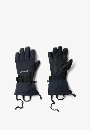 Guanti impermeabili di un blu navy scuro con un tessuto testurizzato sulle nocche e palmo in pelle, dotati di una cintura regolabile e polsini elasticizzati.