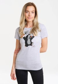 Gray cotton T-shirt featuring a cartoon mole graphic with a shovel, short sleeves, and a relaxed fit. Simple, casual design.