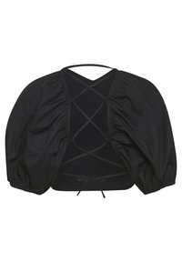 Top nero cropped con maniche a sbuffo, caratterizzato da un design con lacci sul retro e tessuto testurizzato, creando una silhouette voluminosa.