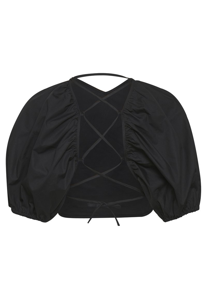 Top nero cropped con maniche a sbuffo, caratterizzato da un design con lacci sul retro e tessuto testurizzato, creando una silhouette voluminosa.