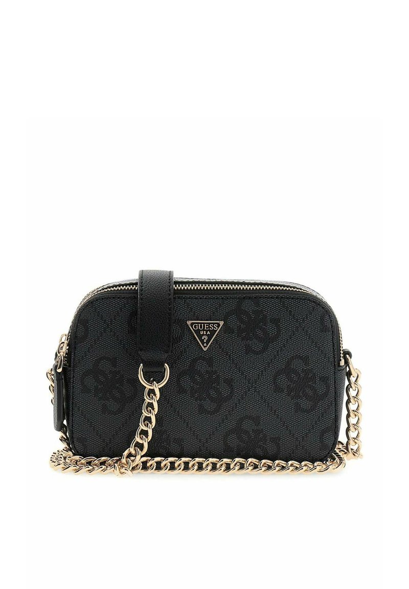 Borsa nera in materiale sintetico con motivo logo in rilievo, tracolla a catena dorata e chiusura superiore con cerniera. Targhetta con logo triangolare sul davanti per il branding.