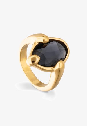 Anillo chapado en oro con una piedra preciosa negra facetada, que presenta un diseño escultórico que envuelve la piedra, creando una silueta elegante.