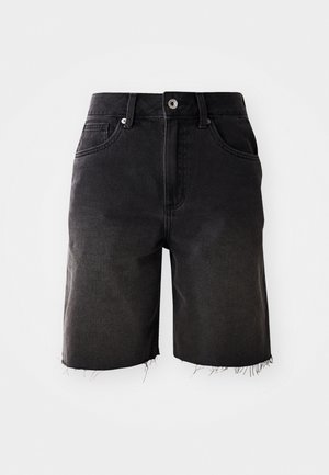 Schwarze Denim-Shorts mit ausgefranstem Saum, Fünf-Taschen-Design und Knopfverschluss. Der Stoff hat eine verblasste Farbverlaufstruktur und robuste Nähte.