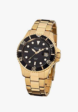 Montre-bracelet en métal doré avec lunette noire, cadran noir, index horaires blancs, affichage de la date à 3 heures et bracelet à maillons.