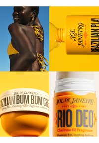 Femme souriante en bikini jaune et gros plans des produits de soin du corps jaunes Sol de Janeiro : Brazilian Bum Bum Cream, Brazilian Play et déodorant Rio Deo.
