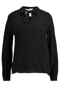 Zwarte blouse met lange mouwen en een striknek, met een stippenpatroon aan de binnenkant van de kraag en elastische manchetten. Soepele stof.