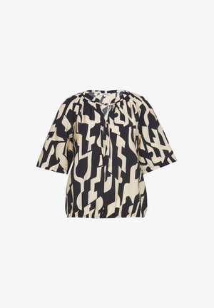 Krátký rukáv blůza v béžové a černé barvě s abstraktním vzorem, s kulatým výstřihem a nařasením na ramenou.