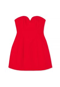 Robe rouge sans bretelles avec un décolleté en cœur, coupe ajustée et lignes épurées. Fabriquée à partir d'un tissu texturé, elle présente une jupe courte évasée.