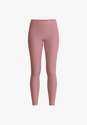 Roze leggings van rekbaar materiaal, met een hoge tailleband en een gladde textuur zonder opvallende patronen of hardware.