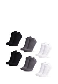 Paquete de seis calcetines tobilleros en tres colores: dos negros, dos grises y dos blancos. Textura suave, punta reforzada y diseño de puño para mayor comodidad.