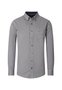 Hemd mit Knopfleiste in geometrischem Muster in Marineblau und Weiß, langen Ärmeln, einer Brusttasche und klassischem Kragendesign.