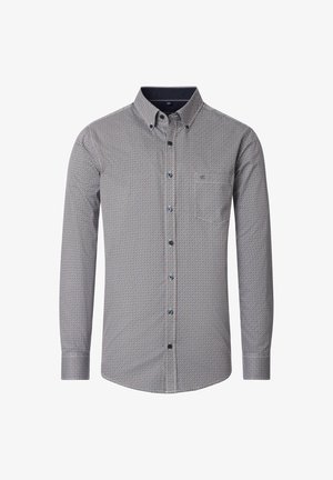 Hemd mit Knopfleiste in geometrischem Muster in Marineblau und Weiß, langen Ärmeln, einer Brusttasche und klassischem Kragendesign.