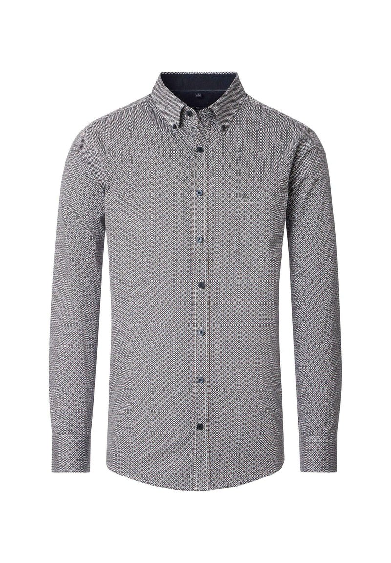 Hemd mit Knopfleiste in geometrischem Muster in Marineblau und Weiß, langen Ärmeln, einer Brusttasche und klassischem Kragendesign.