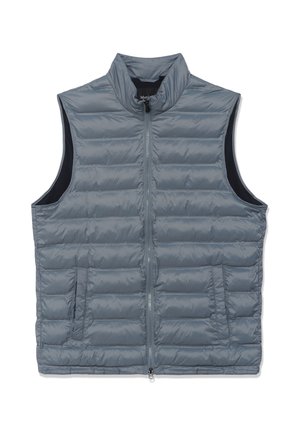 Pelēks pildīts veste ar augstu apkakli, priekšējo rāvējslēdzēju un sānu kabatām. Gluda, spīdīga tekstūra ar izšūtiem posmiem un kontrastējošām roku vietām.