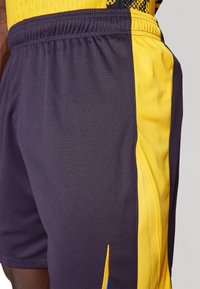 Heren sportshorts met een donkerpaars lichaam en een contrasterend gele zijpaneel, elastische tailleband en textuurstof.