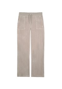 Lichtgrijze sweatpants van zachte, gestructureerde stof; voorzien van twee zijzakken en een elastische tailleband met trekkoord.