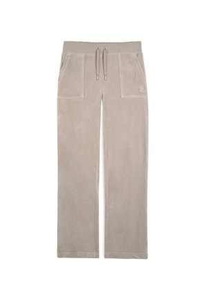 Light gray sweatpants in soft, textured fabric; features two front pockets and an elasticized waistband with drawstring.