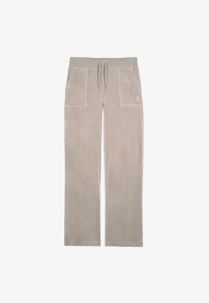 Pantalons de survêtement gris clair en tissu doux et texturé ; dotés de deux poches avant et d'une taille élastiquée avec cordon de serrage.