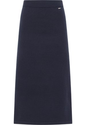 Jupe crayon tricotée navy jusqu'aux genoux, avec une texture lisse, une taille large et un petit détail en métal près de la taille.