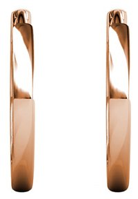 Orecchini a cerchio in oro rosa con una superficie liscia e lucida e un profilo rotondo e sottile. Presentano un design senza soluzione di continuità, senza ganci visibili.