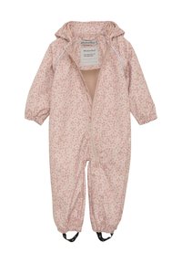 Růžový overal s květinovým vzorem, který má přední zip, elastické manžety a kapuci. Vyrobený z lehkého materiálu s nastavitelnými popruhy na kotnících.