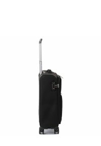 Black rolling suitcase with a telescopic handle, zippered compartments, and four wheels for mobility. Smooth fabric texture and minimalist design.