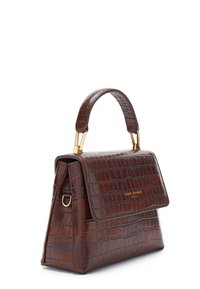 Brown crocodile-embossed leather handbag with a structured shape, top handle, and gold-tone hardware. Flap closure with branding detail.