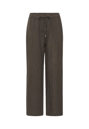 Donkerbruine linnen broek met rechte pijpen, elastische tailleband en koordsluiting aan de voorkant.