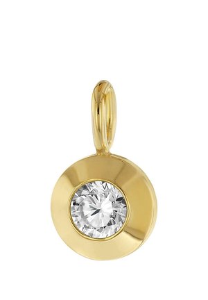 Goldener, runder Anhänger mit einem zentral eingesetzten, runden, klaren Diamanten, ausgestattet mit einer goldenen Öse zum Befestigen an einer Halskette oder Kette.