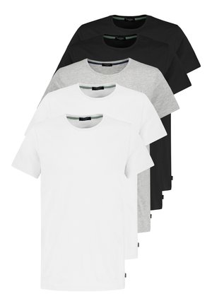 Set aus fünf Rundhals-T-Shirts in Weiß, Grau und Schwarz. Aus Baumwolle, mit kurzen Ärmeln, in einfarbigen Designs, mit sichtbarem Etikett auf der linken unteren Seite.