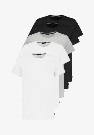 Set aus fünf Rundhals-T-Shirts in Weiß, Grau und Schwarz. Aus Baumwolle, mit kurzen Ärmeln, in einfarbigen Designs, mit sichtbarem Etikett auf der linken unteren Seite.