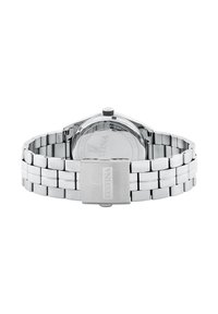 Montre en acier inoxydable argenté avec un bracelet métallisé, finition polie et brossée, boîtier rond, et maintenue par un fermoir portant le nom de la marque.
