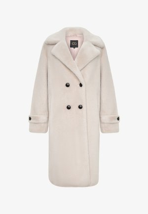 Light beige double-breasted coat with large lapels, black buttons, and a soft, textured finish. Tapered sleeves with button accents.