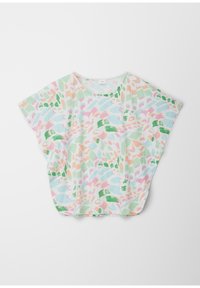 Lichtgewicht, multikleurige T-shirt met een losse pasvorm. Kenmerkt zich door een mix van pastelroze, groen en blauwe abstracte patronen. Korte mouwen, ronde hals.