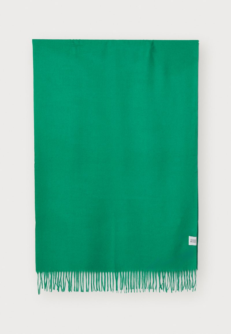Sciarpa verde con bordi frangiati, realizzata in materiale morbido. Presenta un design semplice e monocromatico con un piccolo etichetta in un angolo.