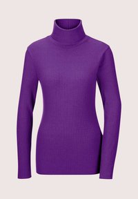 Lila gerippter Rollkragenpullover mit langen Ärmeln, der ein figurschmeichelndes Design und strukturierten Stoff aufweist. Glatte Halslinie und dehnbarem Material.