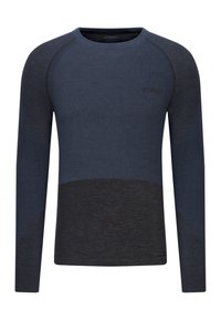 Donkerblauwe longsleeve shirt met zwarte accenten. Heeft een ronde hals en een gestructureerde stof met een gladde afwerking. Ideaal voor sportkleding.