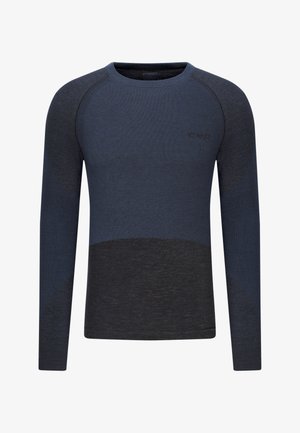 Chemise à manches longues bleu foncé avec des accents noirs. Présente un col rond et un tissu texturé avec une finition lisse. Idéale pour les vêtements de sport.