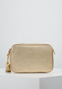 Bolso rectangular texturizado en dorado con cierre de cremallera, tira de cadena y detalle de borlas. Acabado suave con brillo metálico.